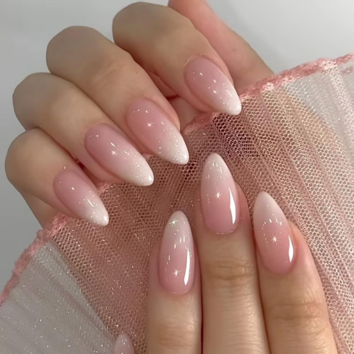 Glitter Ombre Pink Press on Nails Almond Shaped Nails Press ons, Medium Fake …