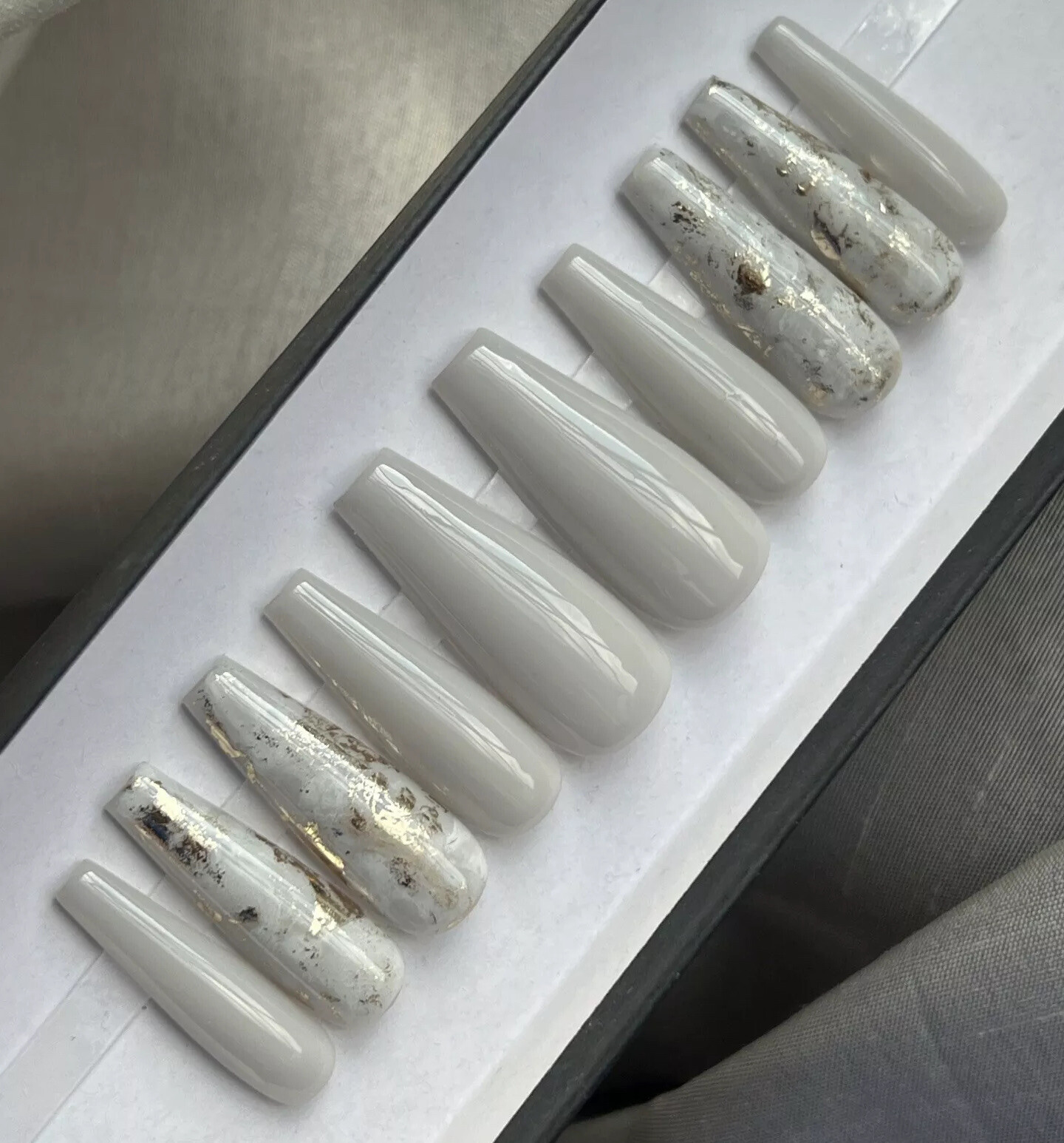 🔥CUSTOM Gel Press On False Nails, Sheer Light Grey GOLD flakes, 10p W FULL KIT