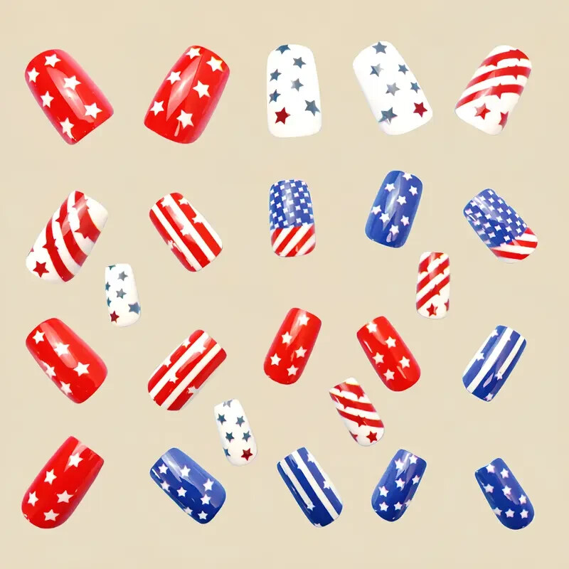 24pcs Patriotic, USA, American Flag Press-On Nails Glossy Finish, Removable