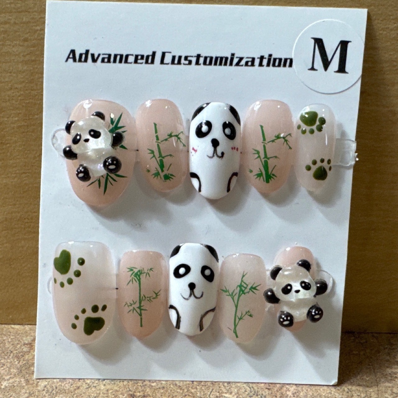 Panda Bamboo 3D Press On Nails Handmade Custom Almond Shape Size M 10pc Set