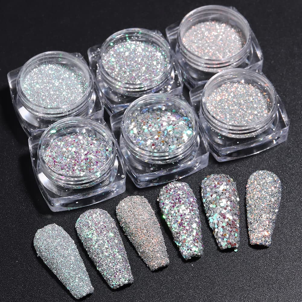Reflective Nail Powder – 6 Boxes Sparkling Diamond Glitter for Nails, Iridesc…