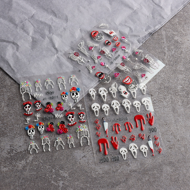 Nail Art Sticker Halloween Eye Blood Skull Skeleton Pumpkin 5D Embossed DIY NS40