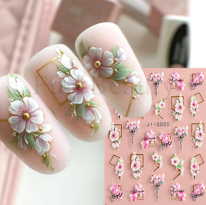 5D Nail Art Stickers Tulip Camellia Flowers Daisy Heart Decals Self-Adhesive DIY