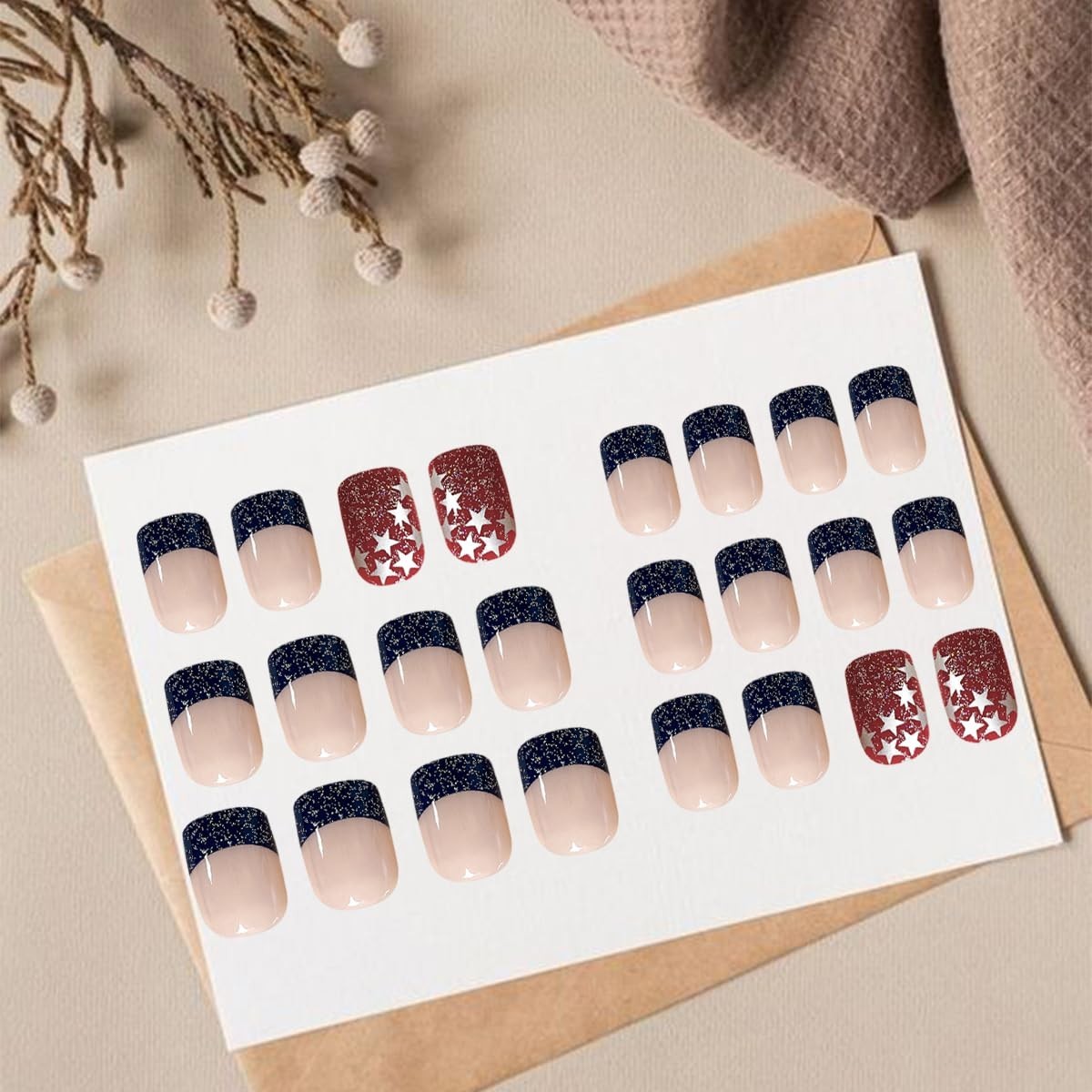24 Pcs Flower Press on Nails Medium Almond Rose with Rhinestones Glossy Nail Des