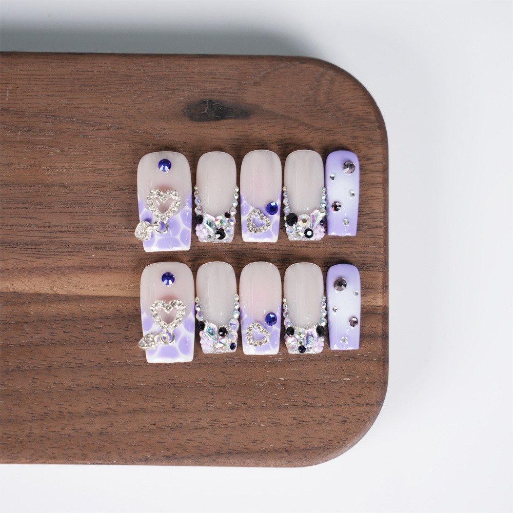 10pcs-Heart French Tip Sparkle Press on Nails Square Nail Set Reusable Handmade