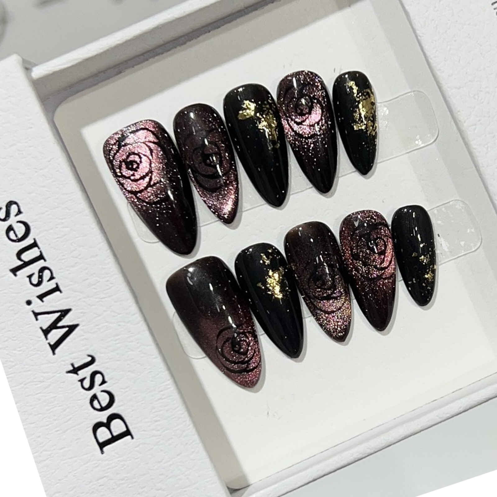 Handmade Fireworks Cat Eye Gradient Rose False Nail Medium Almond Press On Nail
