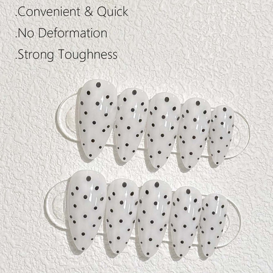 48Pcs-Medium Almond Milky White Black Polka Dot Minimalist Press on Nails