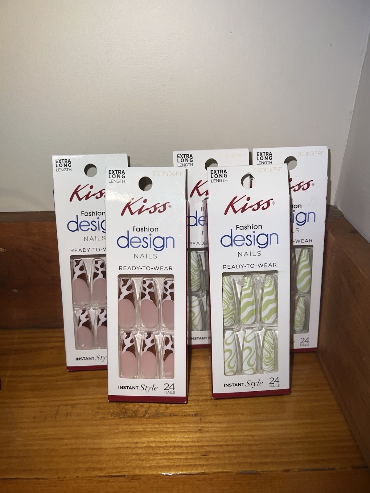 KISS Glue On Extra Long Nails Lot If 5 Packs Cow Print Love Dive & Neon Green