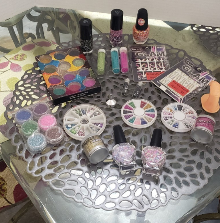 Nail Art Lot – Charms Gems Glitter Powder Caviar Beads Set Crafts