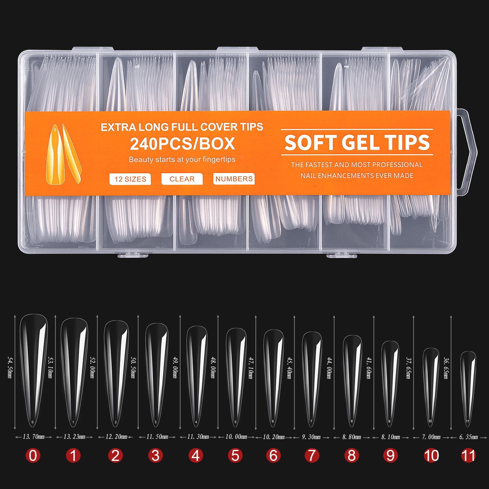 240PCS 3XL Stiletto Pointy False Nail Art Tips Clear Nails Full Cover Soft Gel T