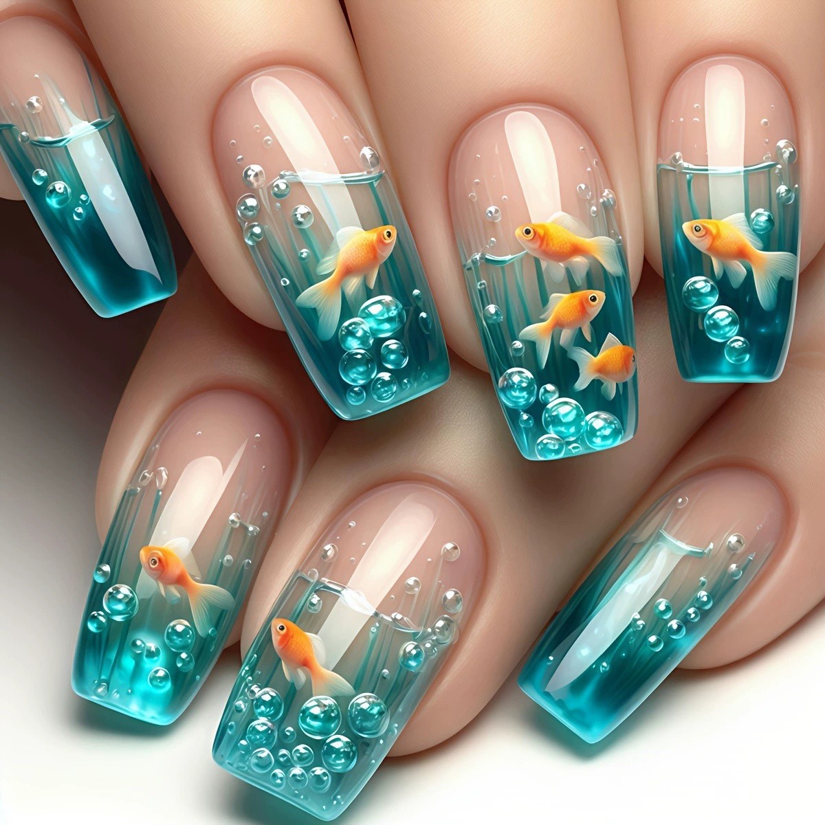 24pcs Press on Nails Goldfish Bubble Long Square Glossy Reusable Fake Nails