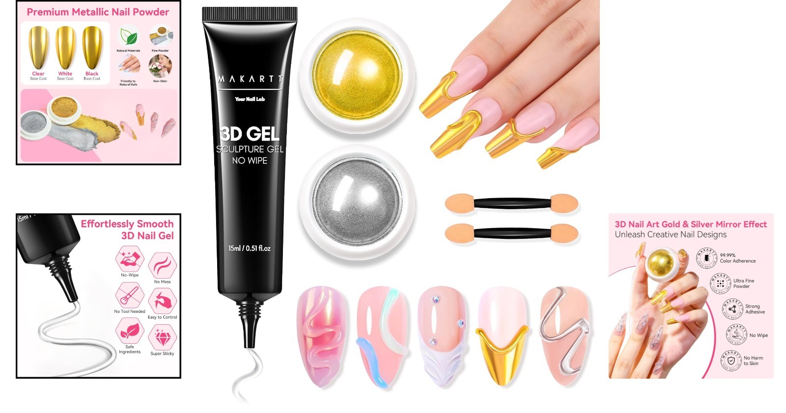 3D Gel Nail Art & Chrome Powder Kit – 15g Sculpting Gel Set for Stunning Designs