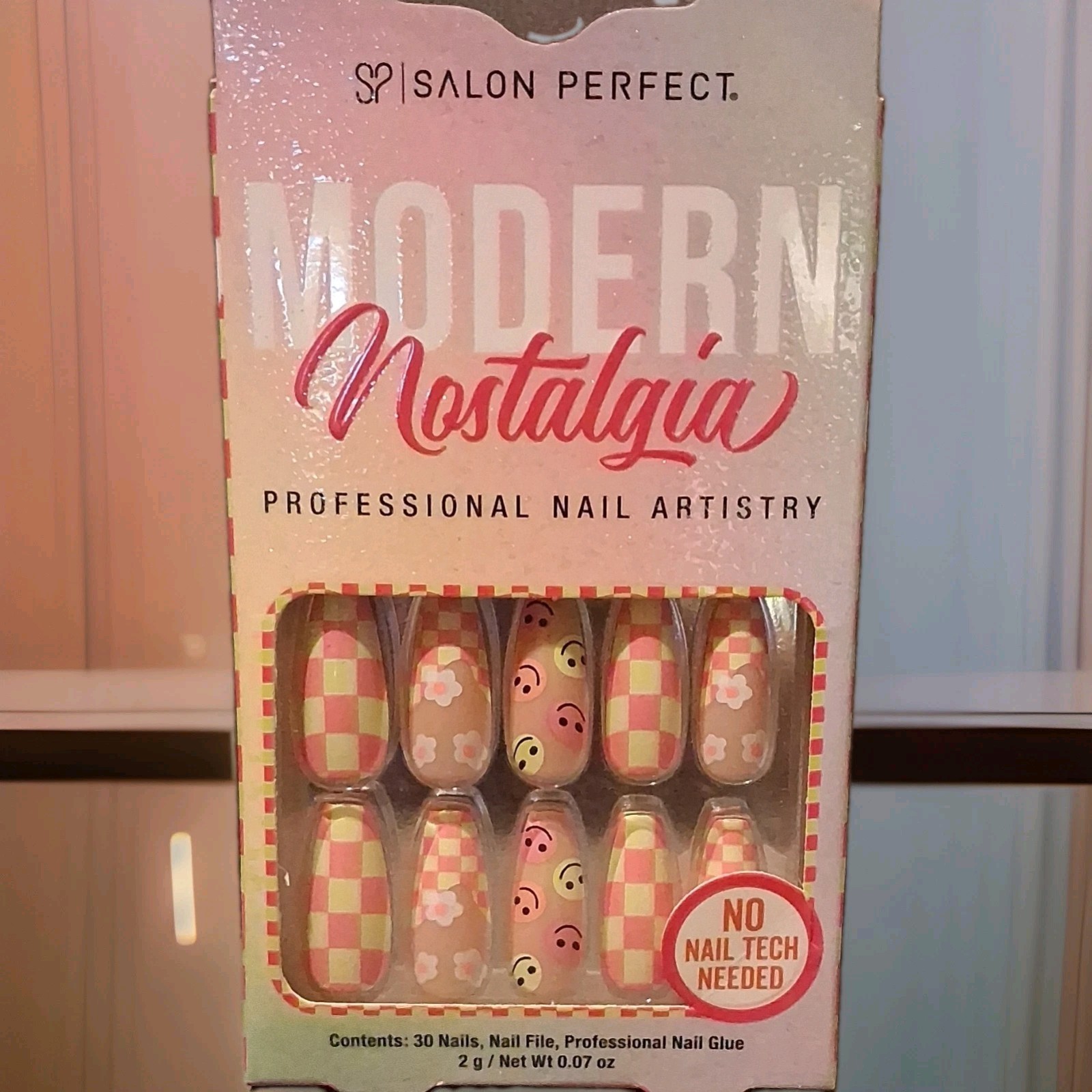 Salon Perfect Press-On Nails Smiley Faces Pink/Yellow 3D Flowers Checker