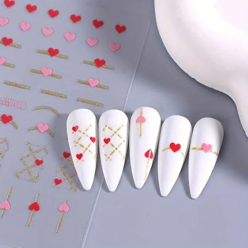 4Pcs Valentine’s Day Nail Art Stickers – Hearts Nail Decals – Glossy Metallic A6