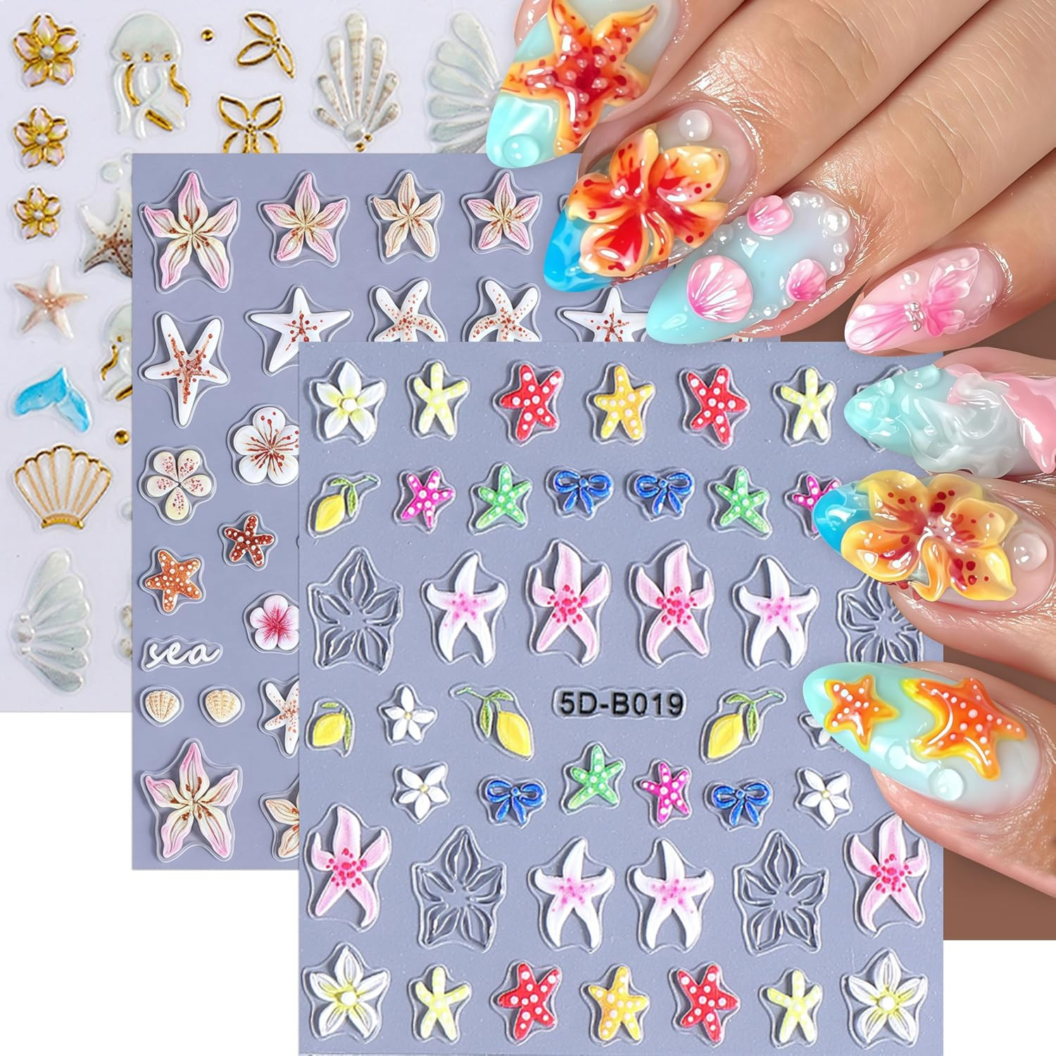 8 Sheets Gold Star Nail Art Stickers Decals 3D Self Adhesive Laser Golden Star N
