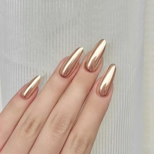 Gold Press on Nails Medium Almond Fake Nails Chrome Metallic False Style-12