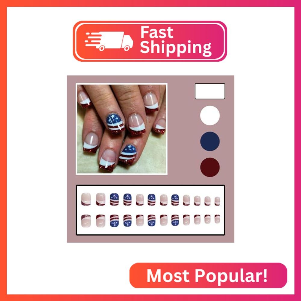 4th of July Square Press on Nails Glitter Frencch Tip Fake Nails with Star and S