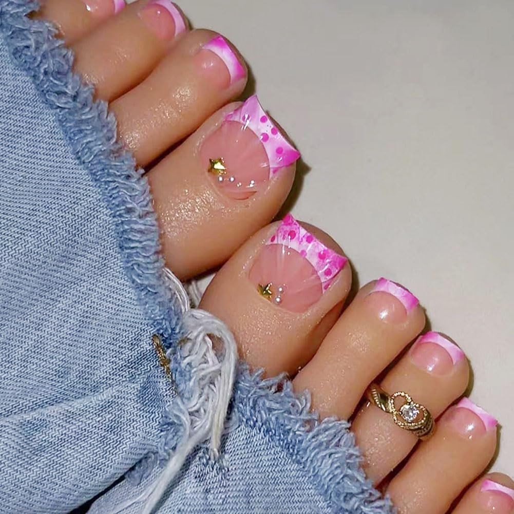 Press on Toenails, Hot Pink French Tip Fake Toe Nail with 3D Design, Glossy R…