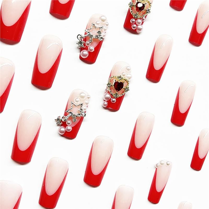 Long Square Press on Nails Fake Nails Artificial Nail Stick on Nail for , Red…