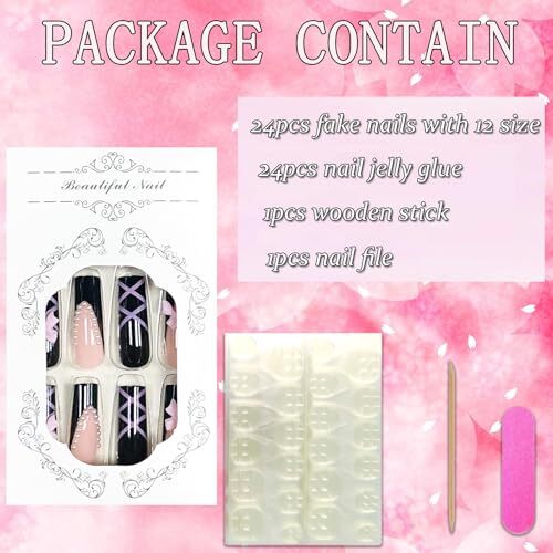 Press on Nails Coffin Long Black Glossy Full Cover Black and Pink Bow Line