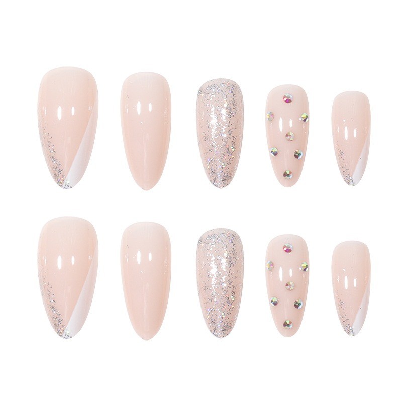 48pcs-Glossy Nude Almond Nail with Silver Glitter Tips, White Swirl and Crystals