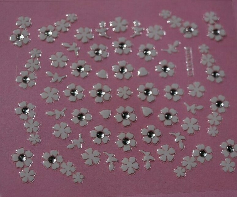 3D Nail Stickers Beautiful White Flowers with Crystals (price is for 2 pcs)
