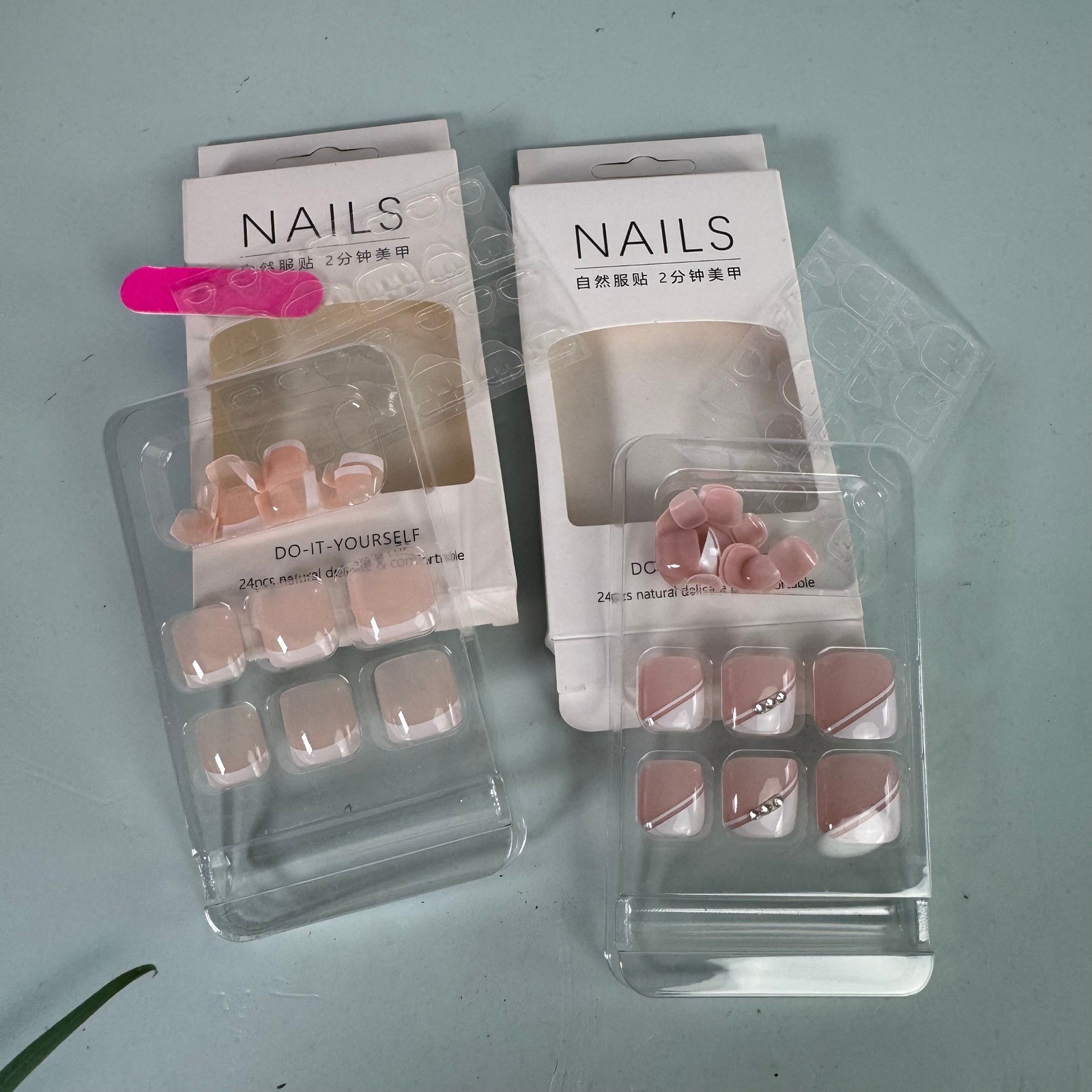 Lot of 2 Press On Toenails French Tip and Rhinestone Mauve DIY Pedicure Kits NIB