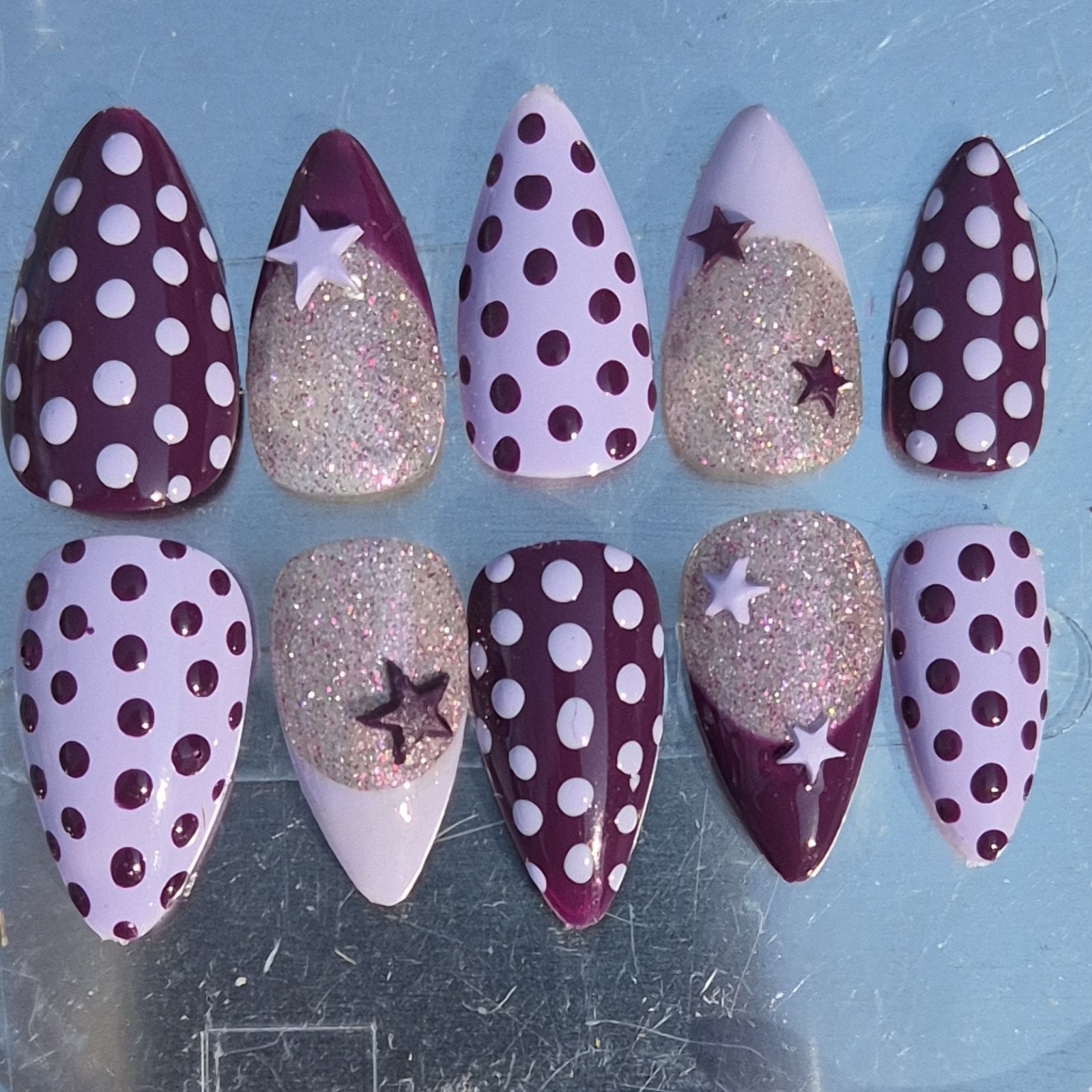 Purple White Silver Glitter Star Polka Dot Stiletto Press-On Nails Long Full Co…