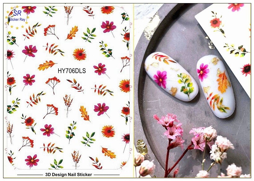 Daisy Flower Leaf Nail Stickers Branch leaf Flowers Word Frame Bloom Nail Decals
