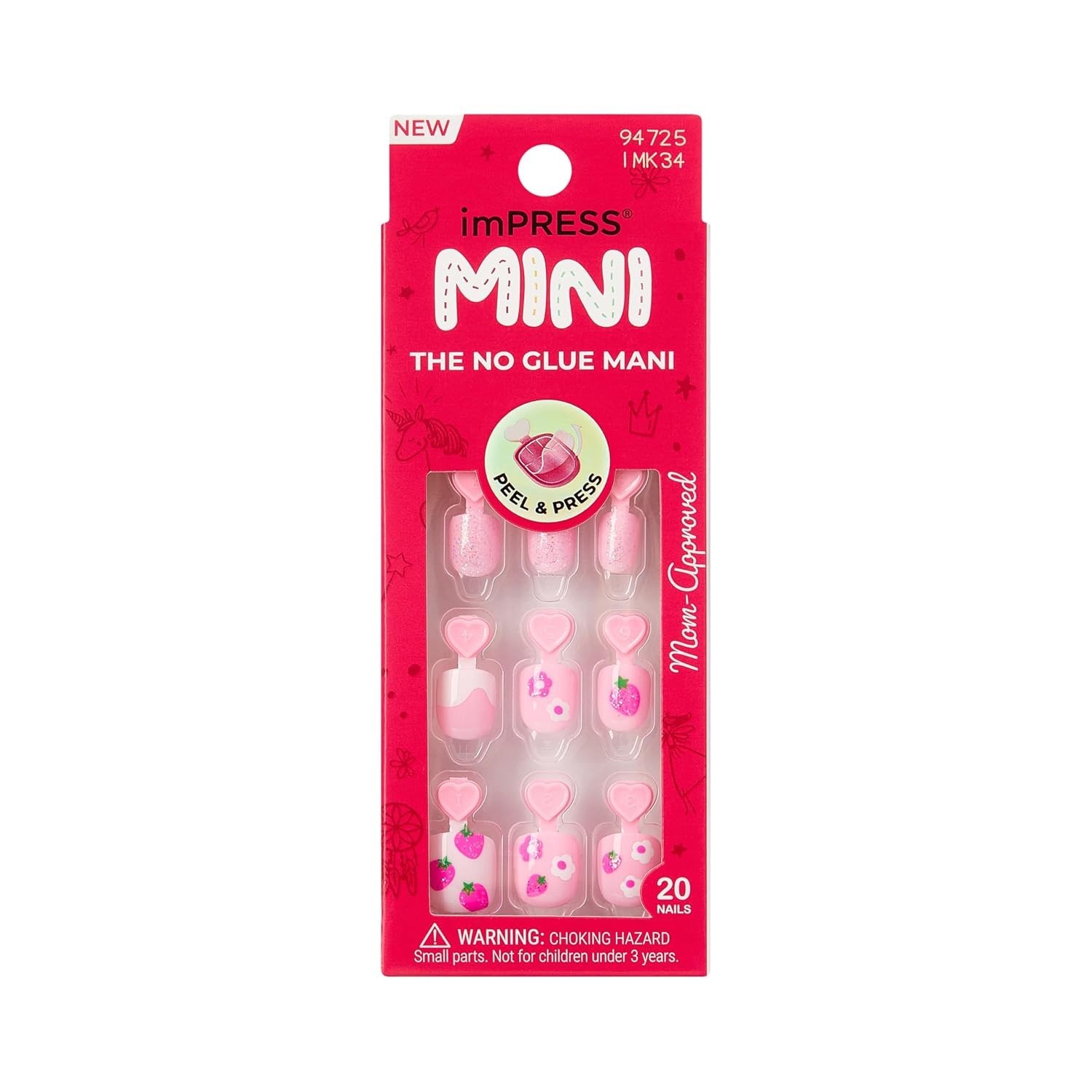 No Glue Mani Press On Nails, Mini, ‘Berry Cute’, Pink, Kids Size, Squoval Sha…