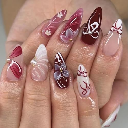 24Pcs 3D Flower Press on Nails Medium Almond Fake Nails Pearl Flower Nails-17