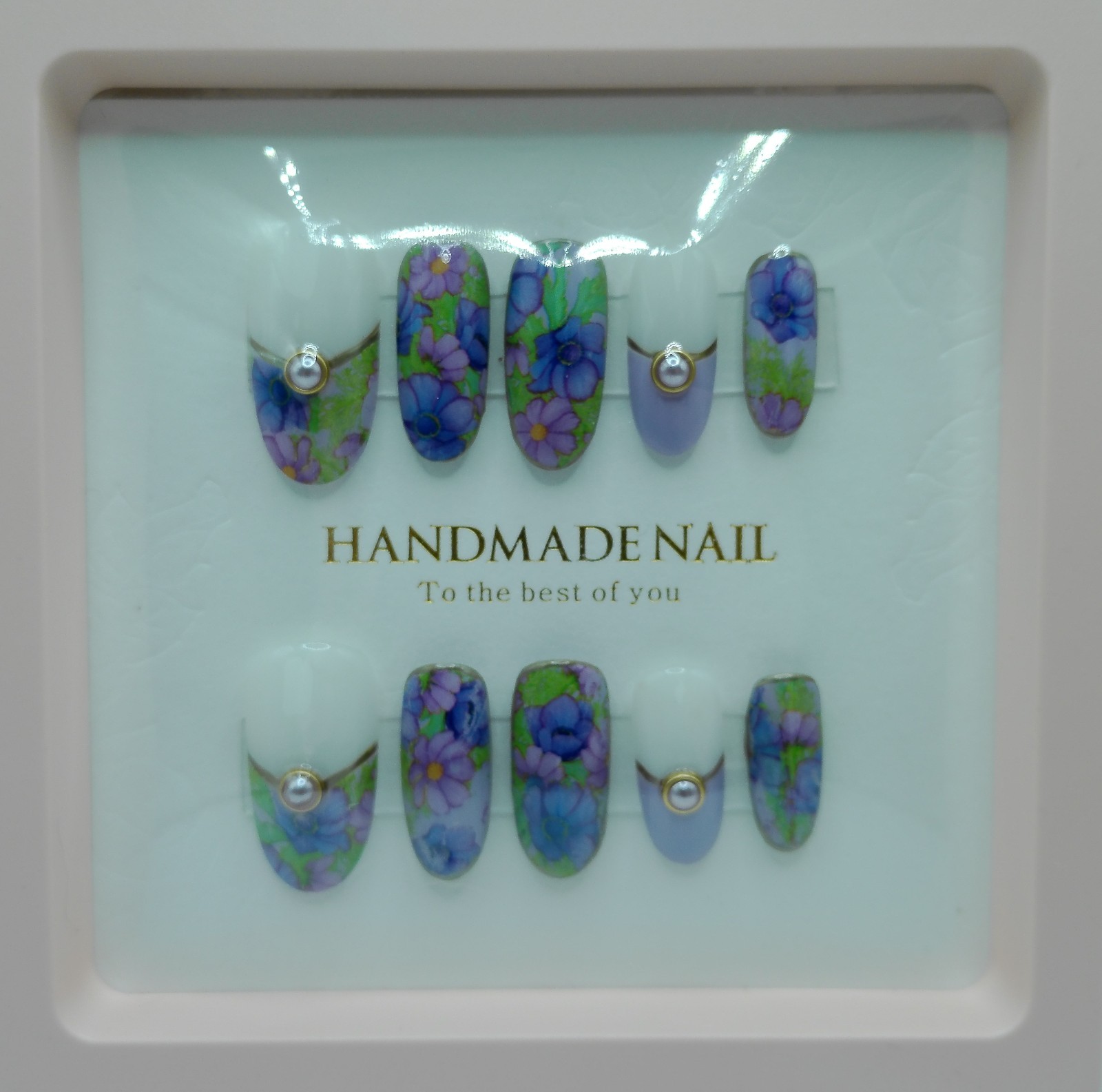 Medium-Long Round Floral Press-On Nails, Medium Sizes Purple/Pink