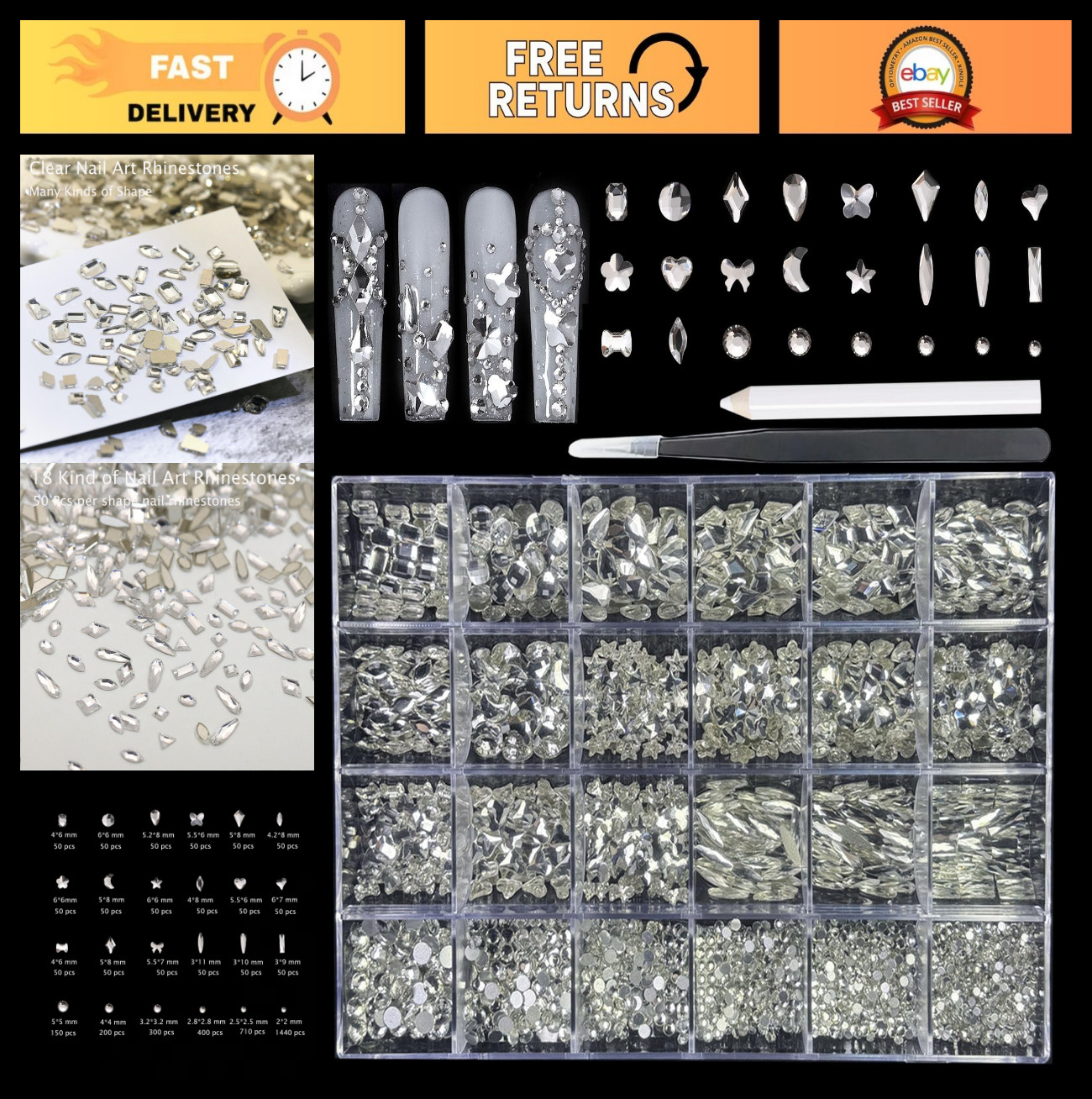 900 Special-Shaped Clear Nail Diamonds & 3200 Flat-Bottom Rhinestones Set with T