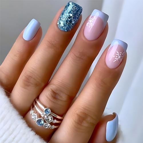 White Snowflake Fake Nails Winter Xmas Press on Nails Blue Christmas Design 467