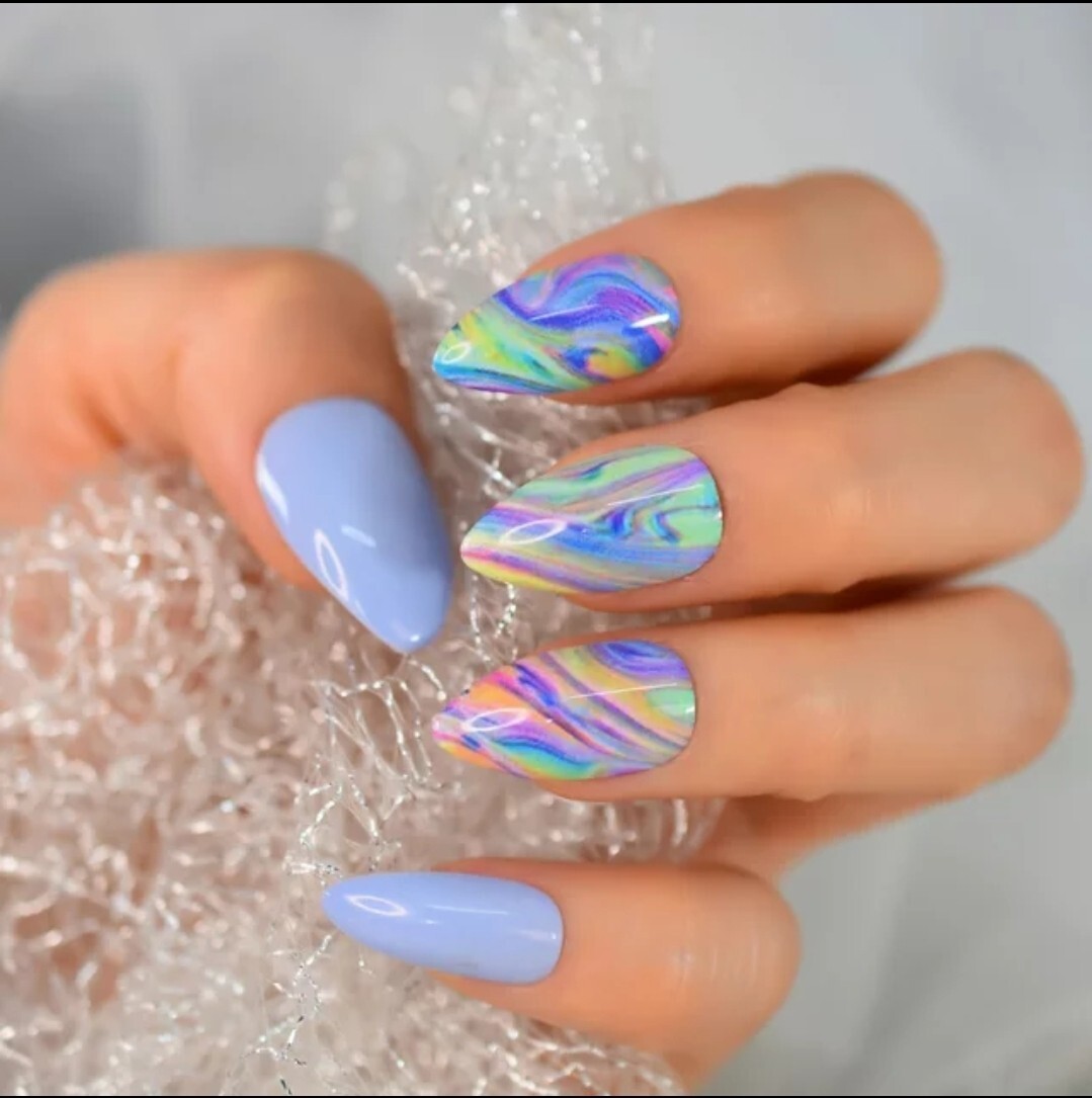 24 Periwinkle Purple Press On Nails Artsy Swirl pointed almond stiletto neon blu
