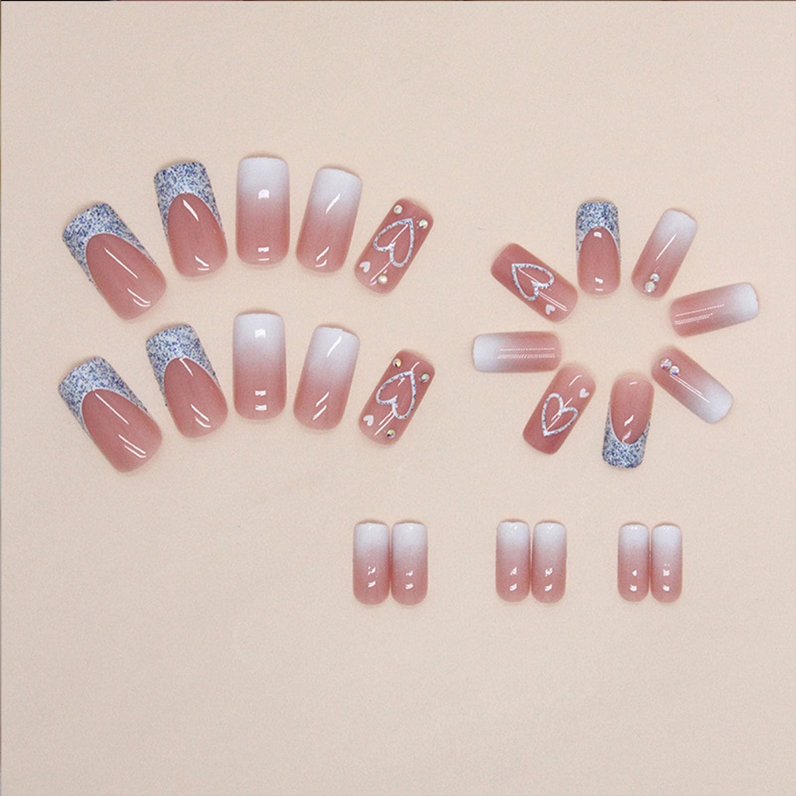 Square Press on Nails Medium Length Glitter French Tip Press on Nails Heart D…