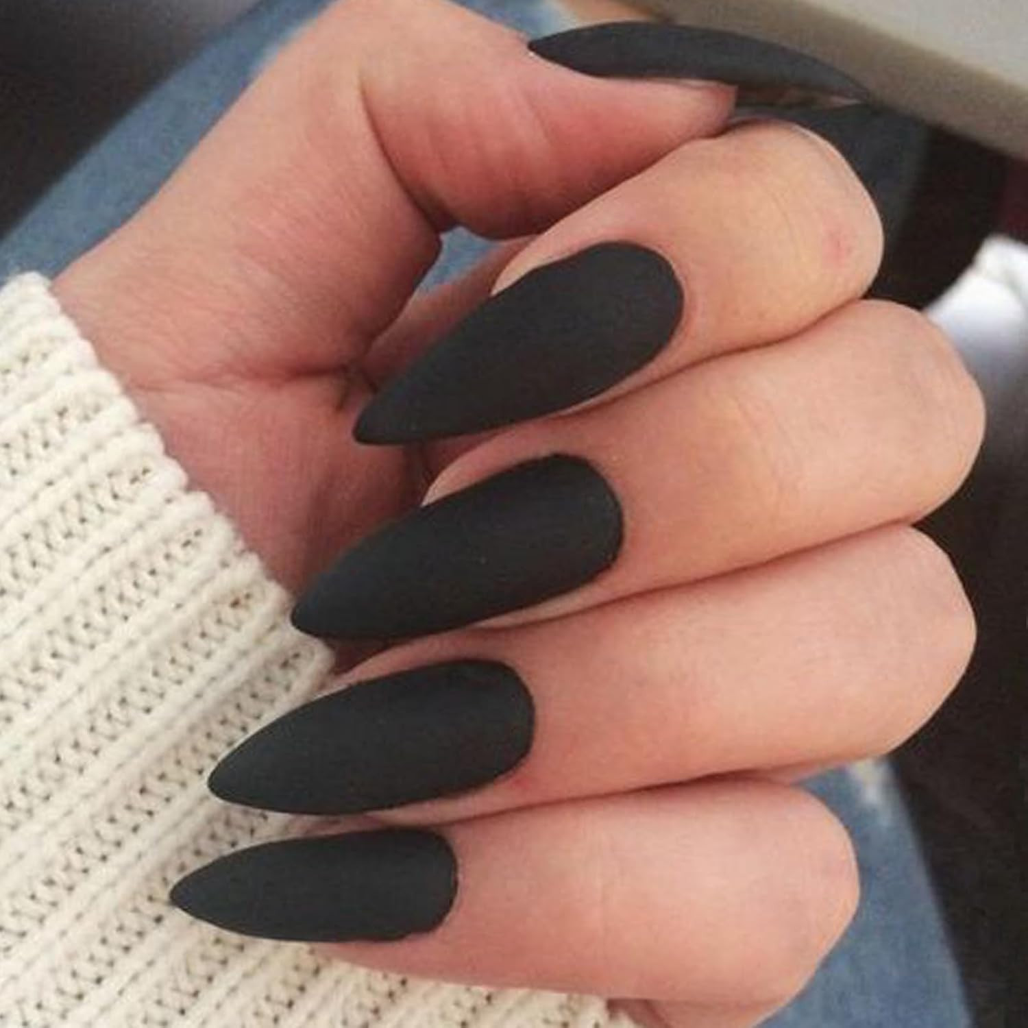 Press on Nails Medium Almond, Gothic Black Ombre French Tip Gel Glue on Nail, Gl