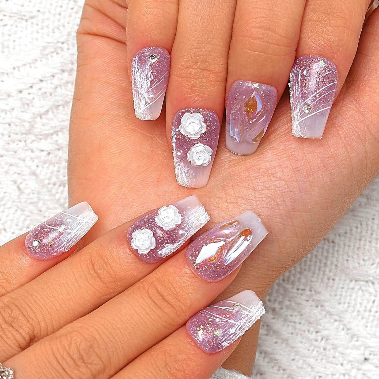 10 Piece 3D Reusable Handmade Press On Nails Elegant Flowers