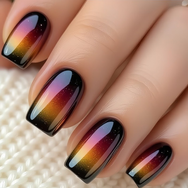 48Pcs-Medium Square Black Rainbow Gradient Cat Eye Glitter Press on Nails Set