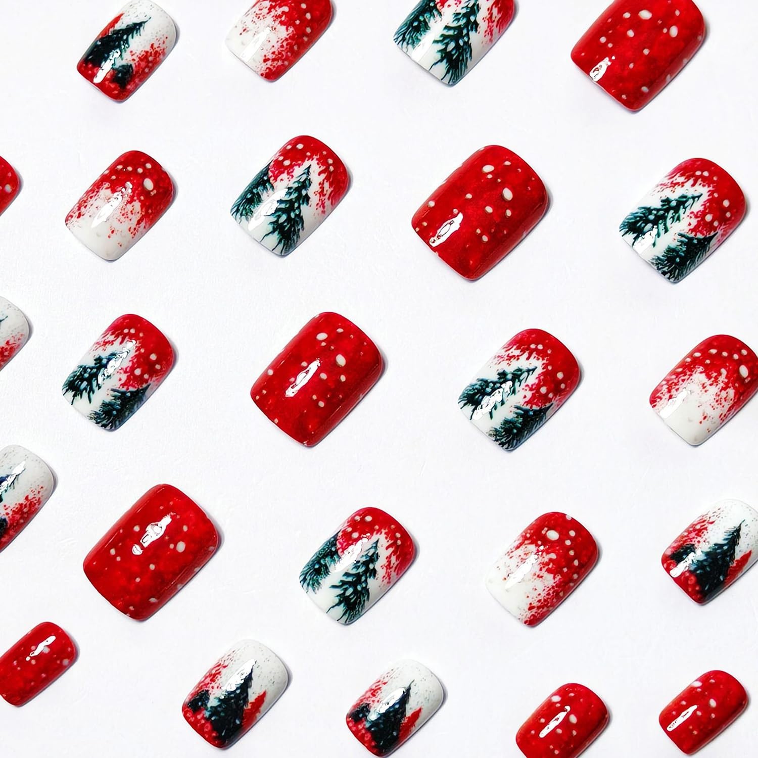 24Pcs Christmas Press on Nails Short Square Fake 12 sizes, Multicolor