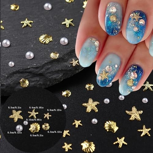 100Pcs Starfish Nail Charms and Gems Summer Ocean Style Nail Art Gold Silver-4