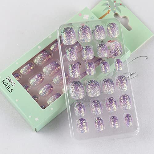 24 Pcs Gradient Kids Press on Nails Pre-glue Children False Nails Short Purple
