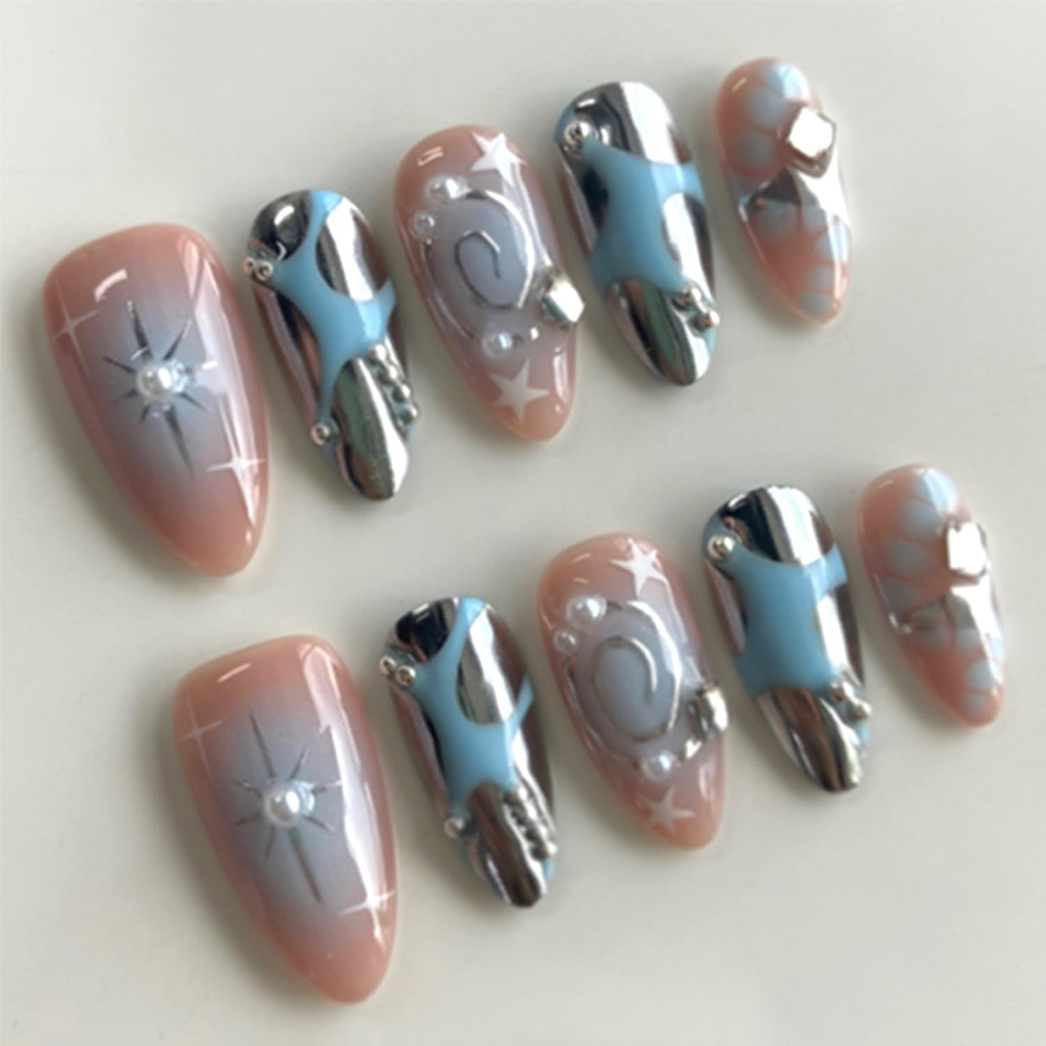 24Pcs Almond Press on Nails Medium Fake Nails with Silver Star Irregular Lines P