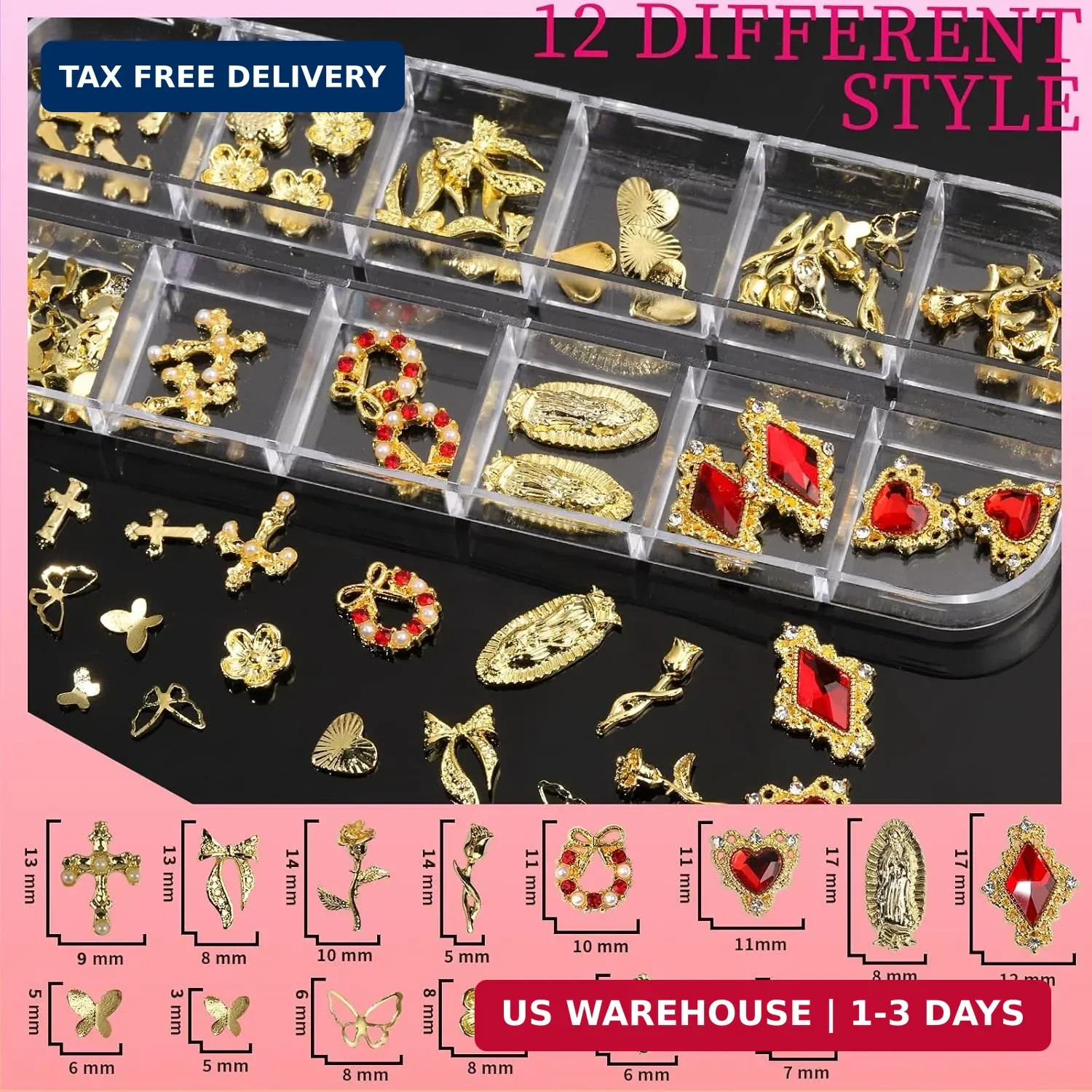 Teenitor Gold Nail Charms with Flatback Nail Pearls, 3D Nail Charms and Gems for