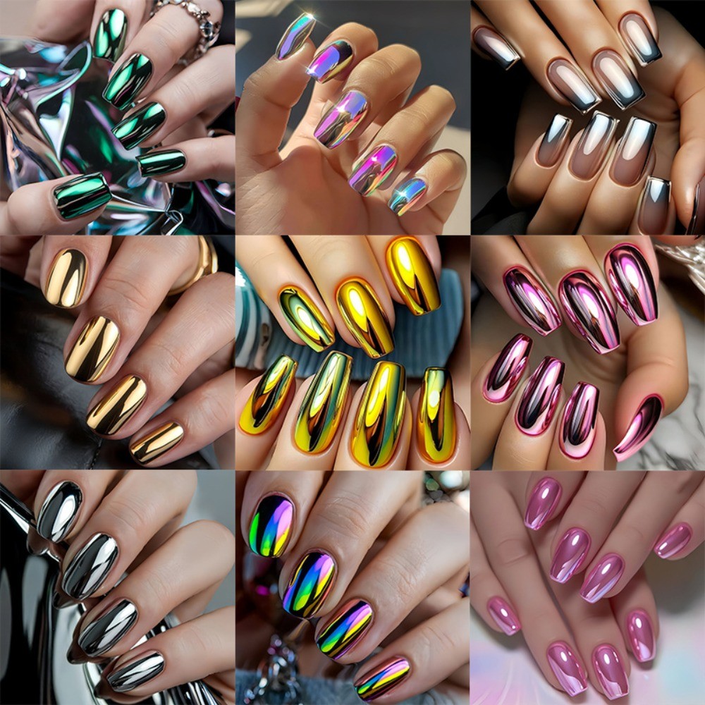 24pcs Nude Pink Gradient Silvery Mirror Press-On Nails, Long Square Reusable