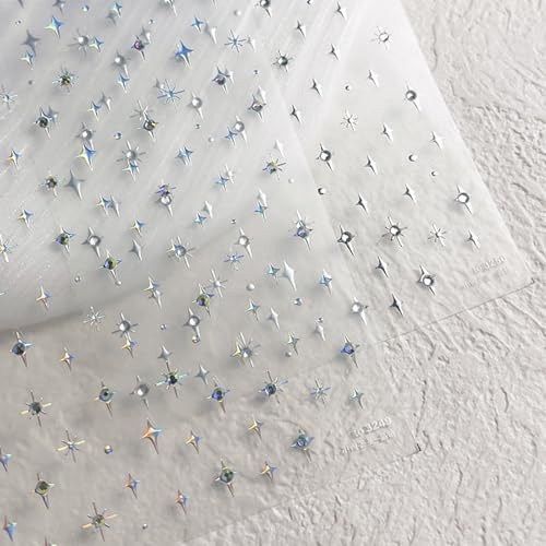 1Sheet Silver Star Nail Decals 5D Embossed Self-Adhesive Diamond Star y2k star