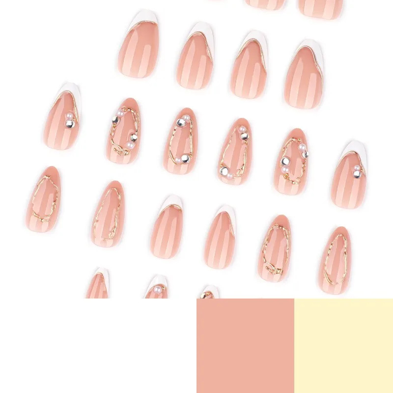 24Pcs Y2K Almond Press on Nails:Metal Line Diamond Black Heart Nails