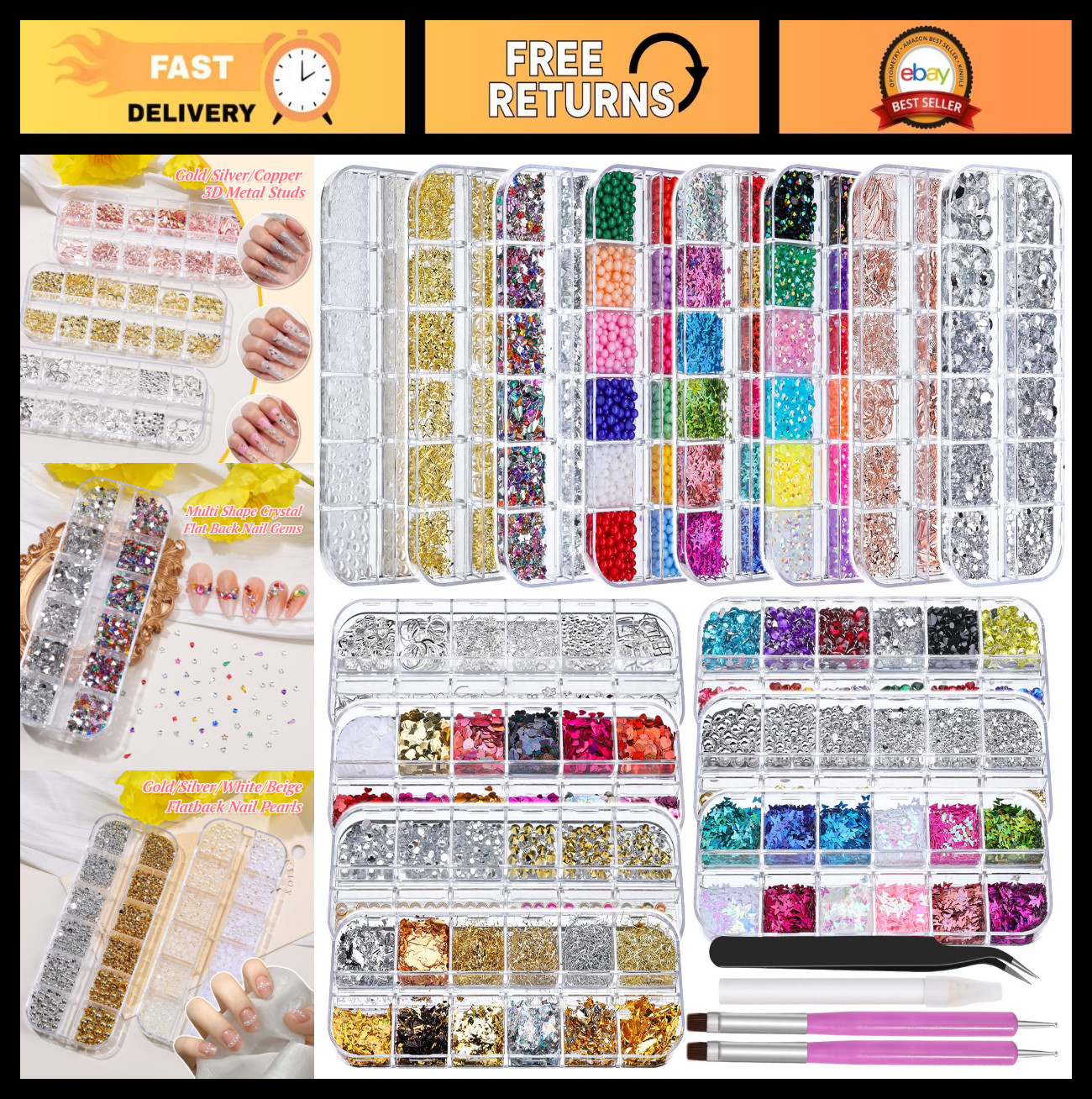 15 Box Nail Rhinestones Gems Kit – Gold/Silver Studs, Flatback Crystals, Pearls