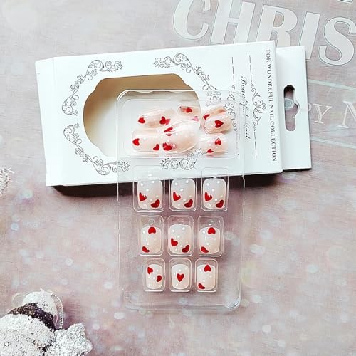 Heart Press on Nails Short Square With Design White Dots Love Fake square55