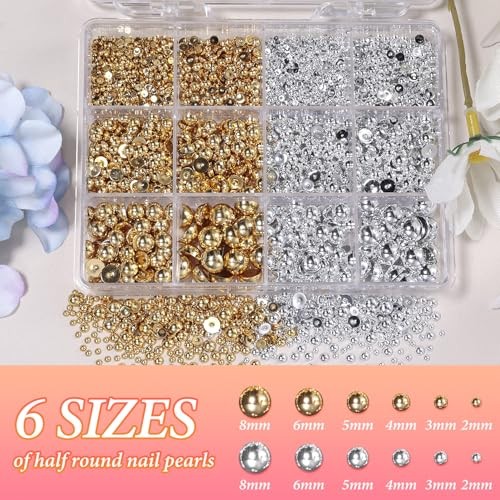 Silver Gold Flatback Pearls for Crafting, 6 Sizes (2-8 mm), 12 Grids, color-S3